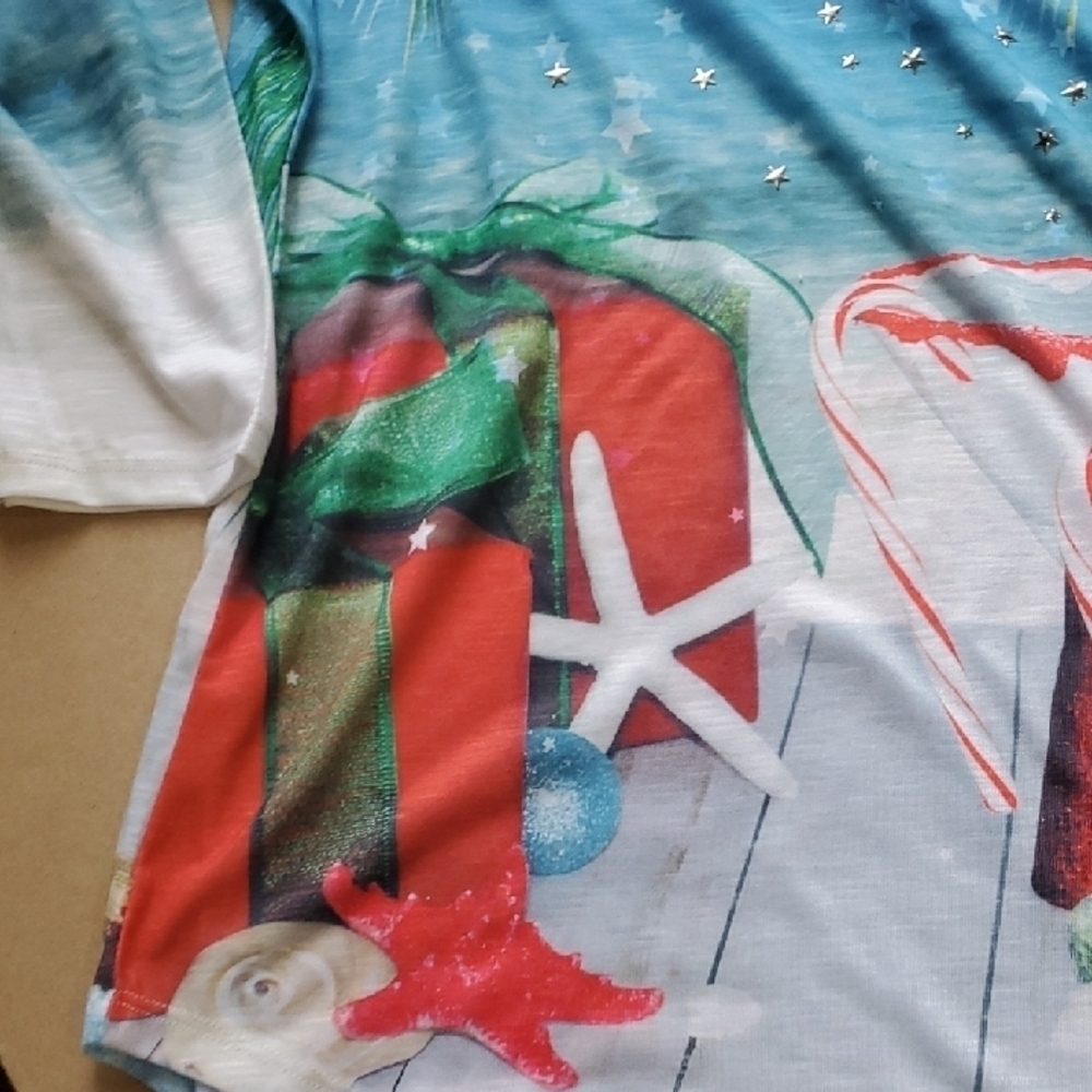 Blue and Green Christmas BEACH Graphic 3/4 Sleeve Tunic Med - Picture 6 of 7
